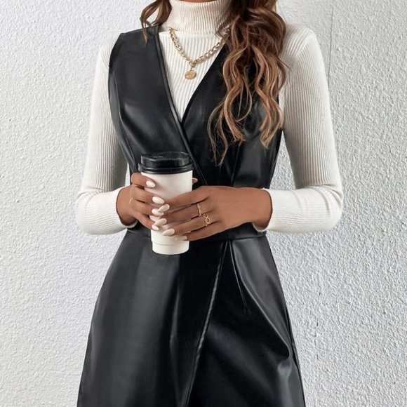 Black Elegant Womens Wrap Hem faux leather Romper - Picture 2 of 5